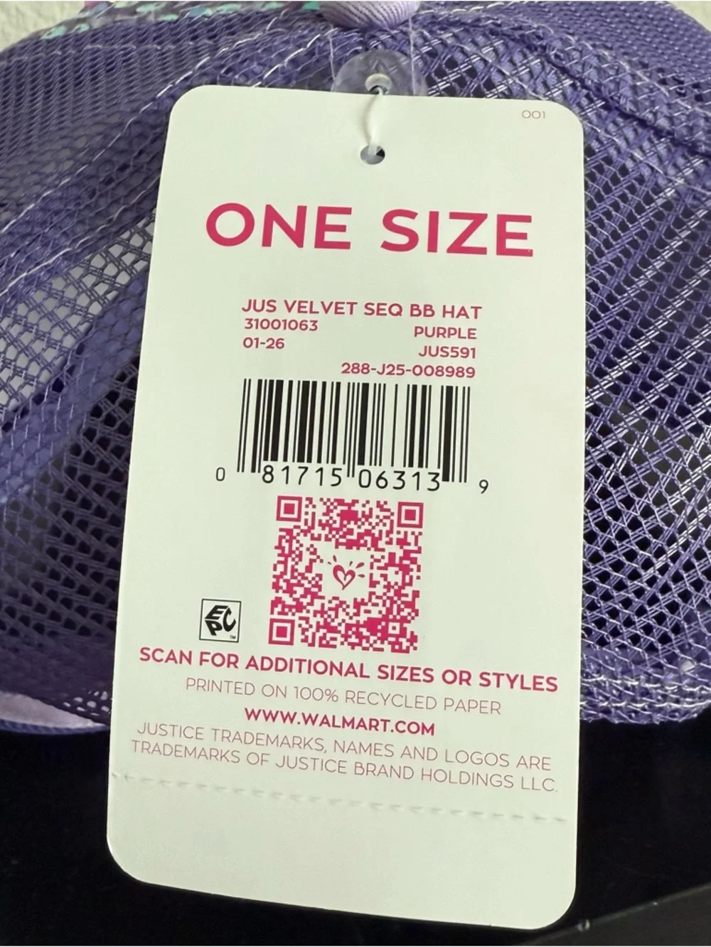 NWT Justice Purple Sequin Kids Cap - Sparkle Trucker Hat